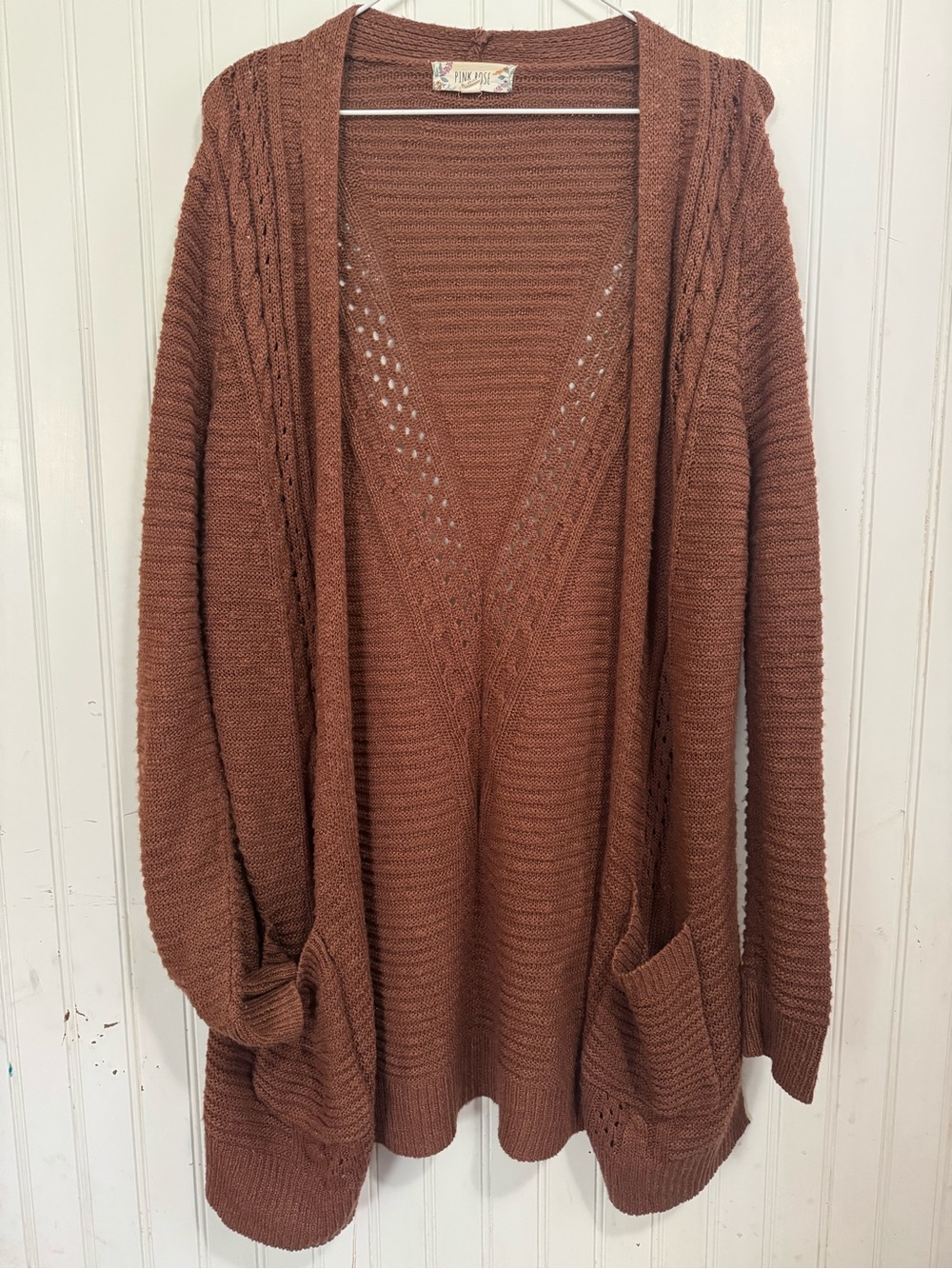 Pink Rose Open-Front Cardigan Sweater in Rust